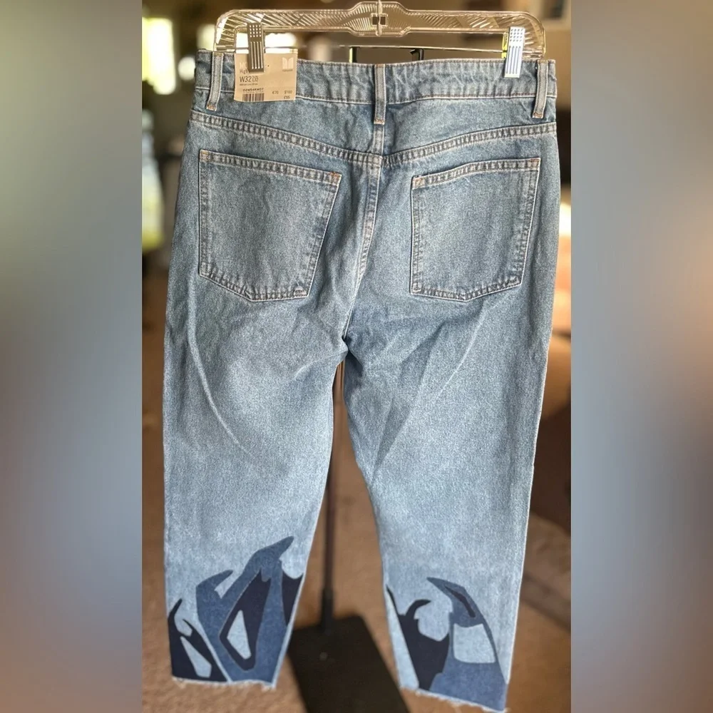Topshop Blue Straight Leg Jeans with Black & Blue Pattern - Picture 3 of 5